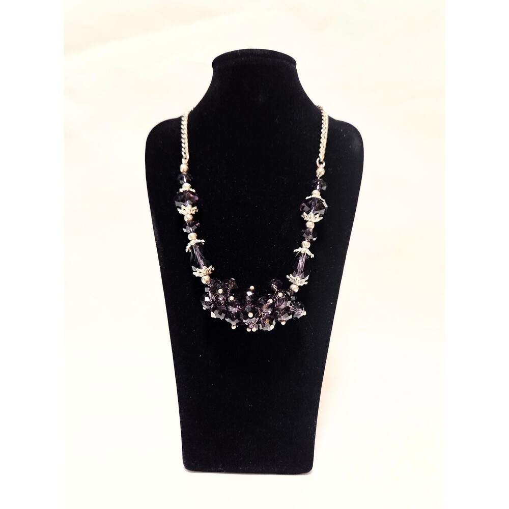 Purple Faceted Beaded Statement Necklace Silver Tone Chain Adjustable Length